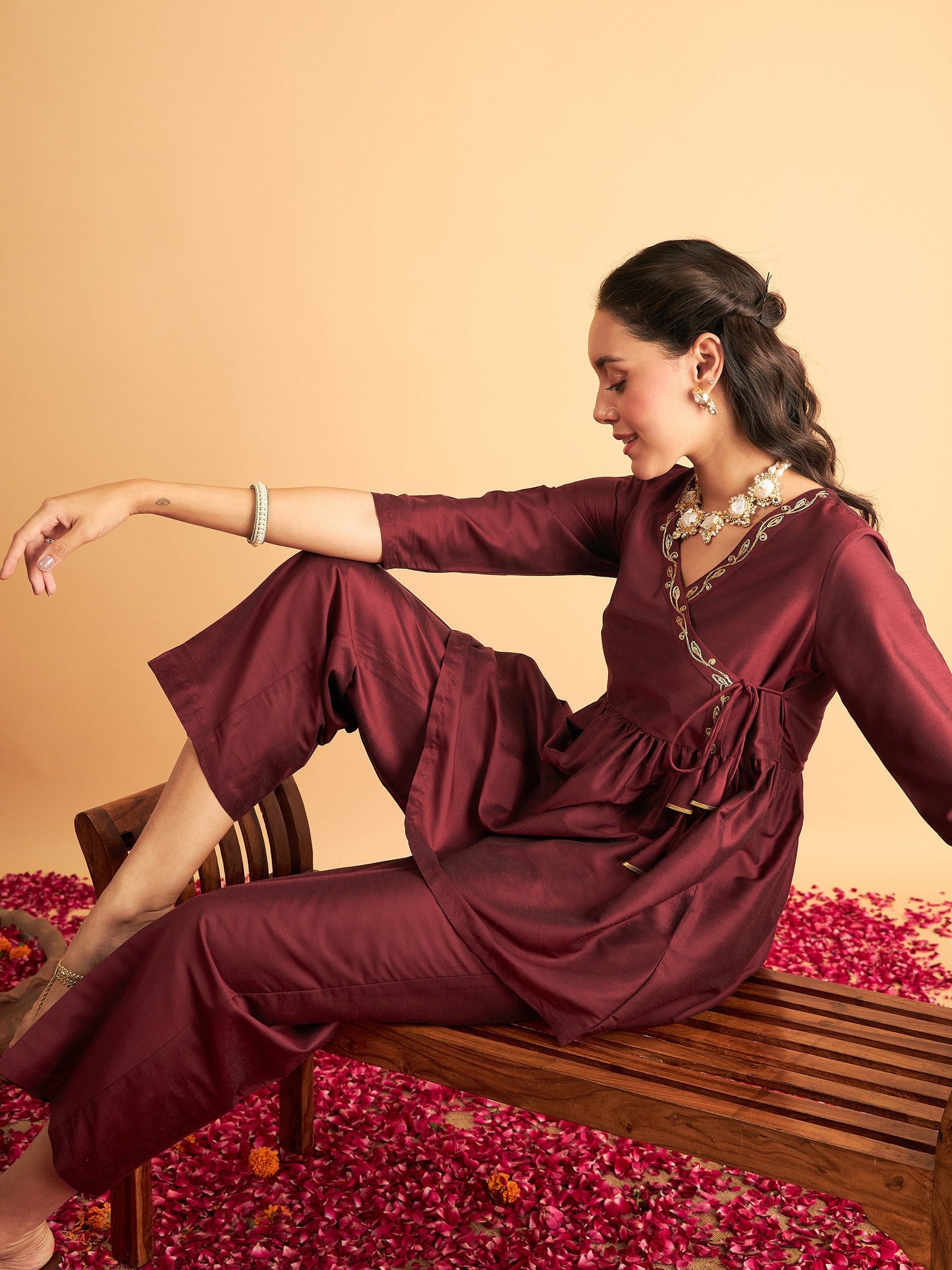 Maroon Embroidered Wrap Peplum Top With Pants