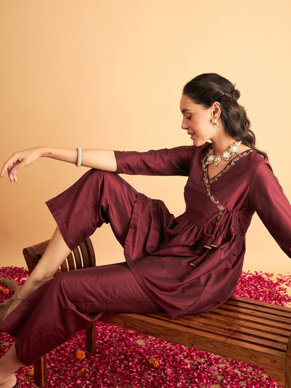 Maroon Embroidered Wrap Peplum Top With Pants