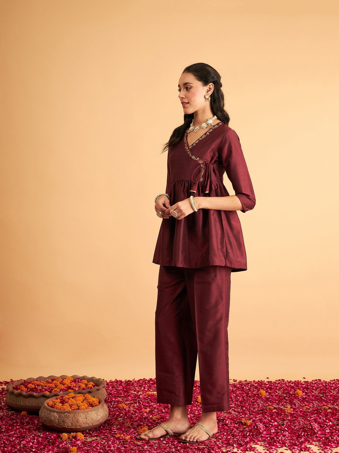 Maroon Embroidered Wrap Peplum Top With Pants