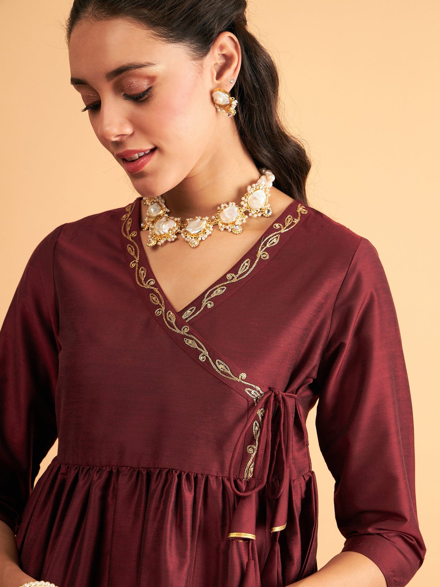 Maroon Embroidered Wrap Peplum Top With Pants