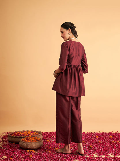 Maroon Embroidered Wrap Peplum Top With Pants
