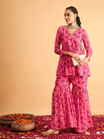 Fuchsia & Blue Bandhej Peplum Top With Palazzos