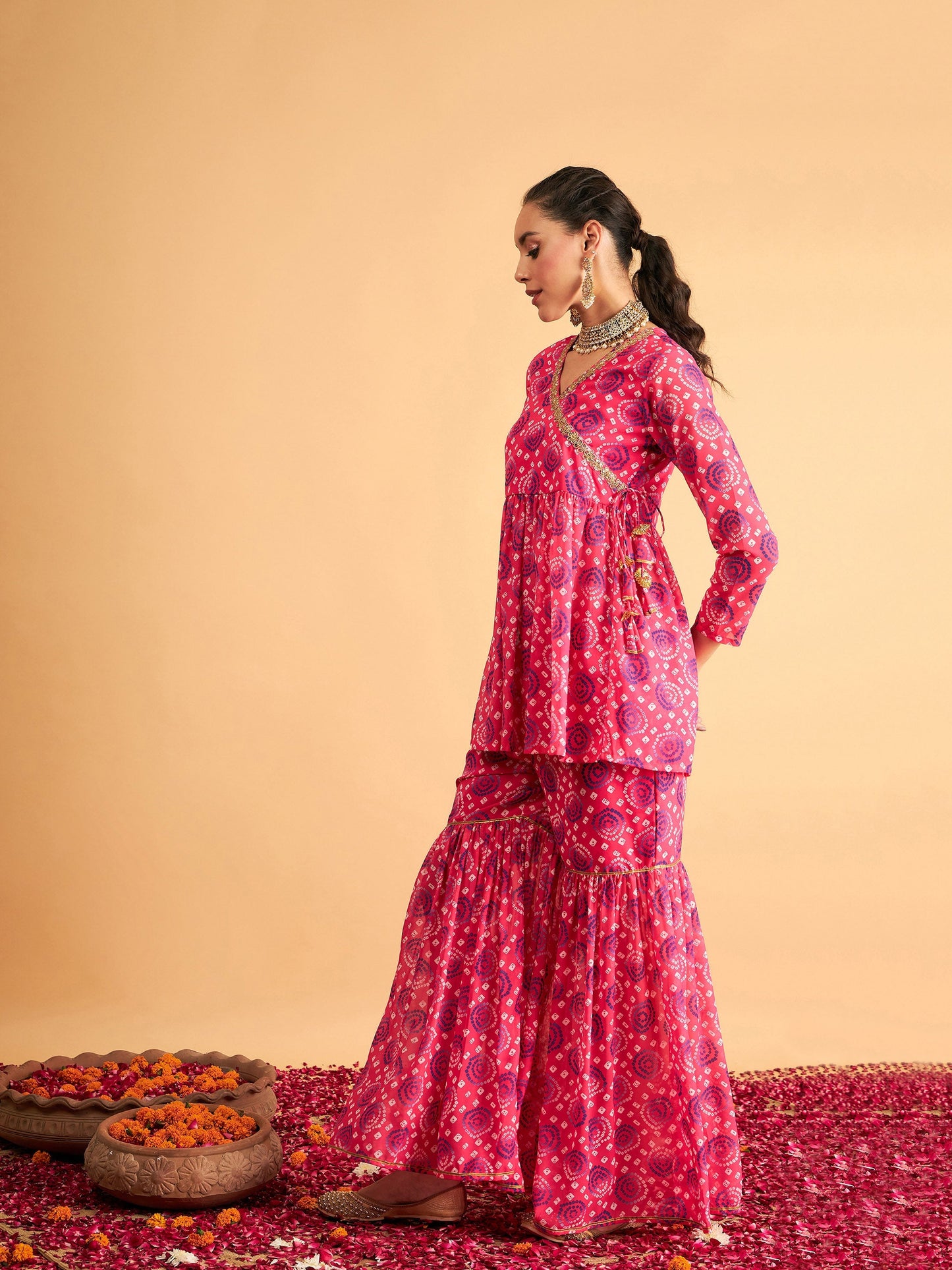 Fuchsia & Blue Bandhej Peplum Top With Palazzos