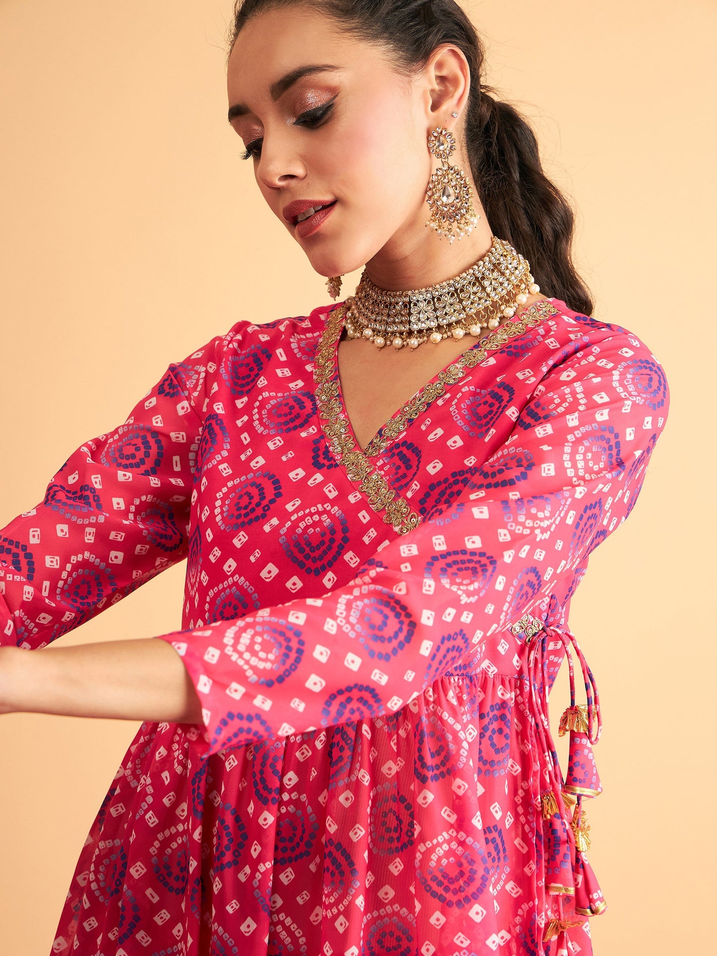 Fuchsia & Blue Bandhej Peplum Top With Palazzos