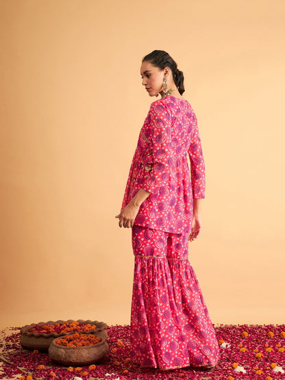 Fuchsia & Blue Bandhej Peplum Top With Palazzos