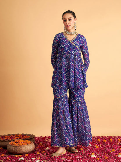 Blue & White Bandhej Peplum Top With Palazzos