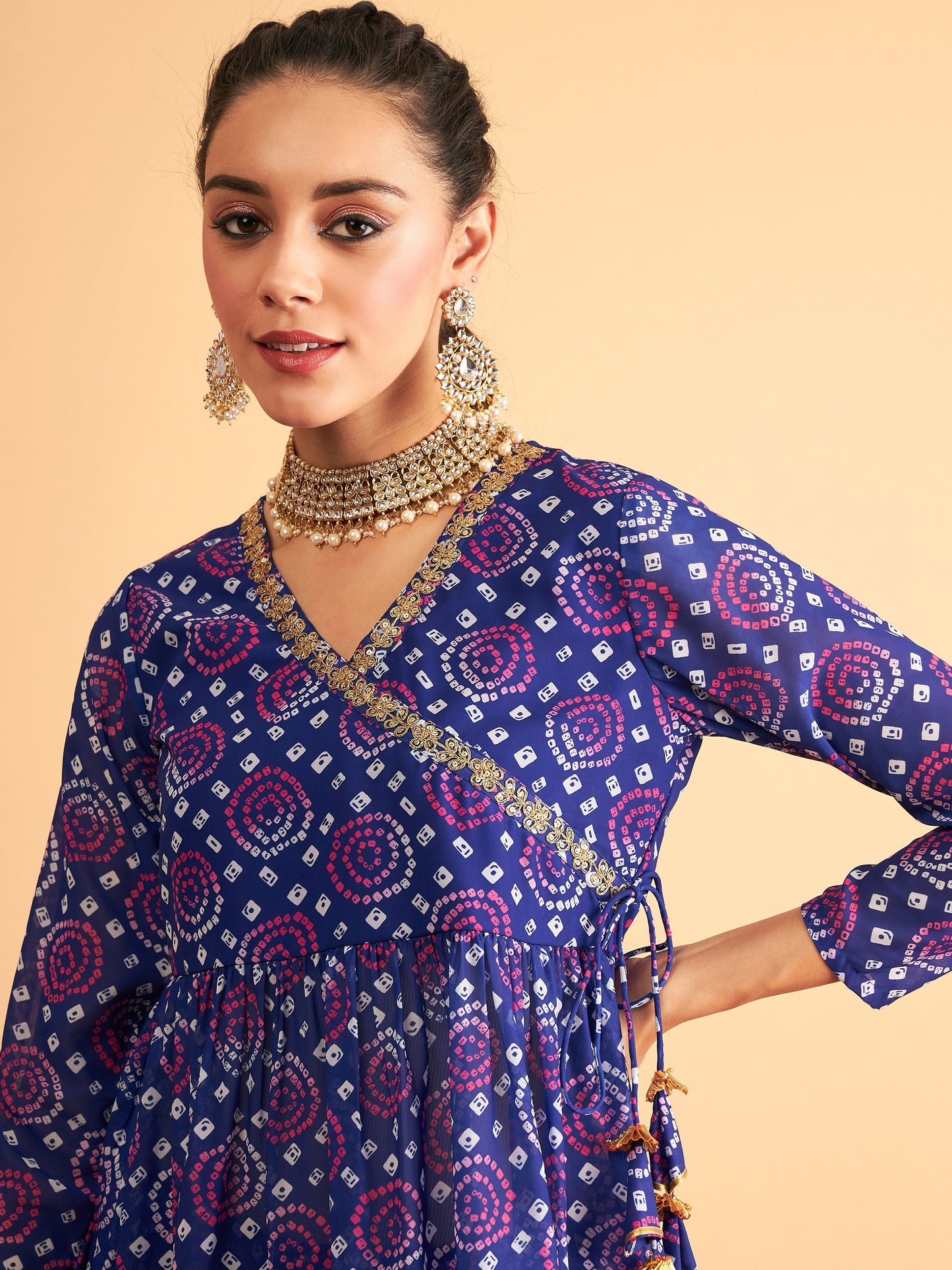 Blue & White Bandhej Peplum Top With Palazzos