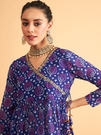 Blue & White Bandhej Peplum Top With Palazzos