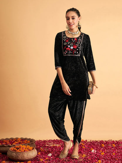 Black Velvet Embroidered Short Kurta With Dhoti Pants-Shae by SASSAFRAS