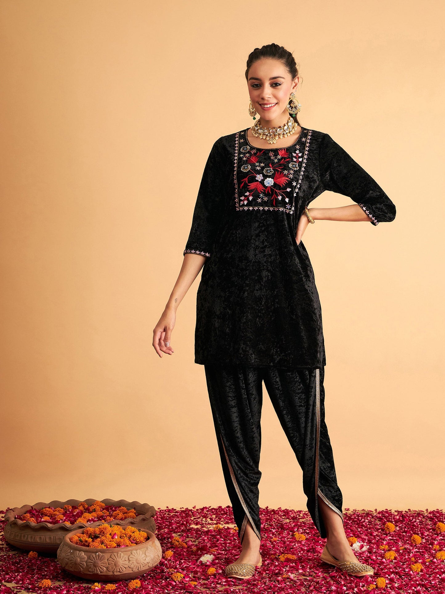 Black Velvet Embroidered Short Kurta With Dhoti Pants-Shae by SASSAFRAS