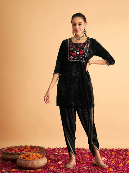 Black Velvet Embroidered Short Kurta With Dhoti Pants-Shae by SASSAFRAS