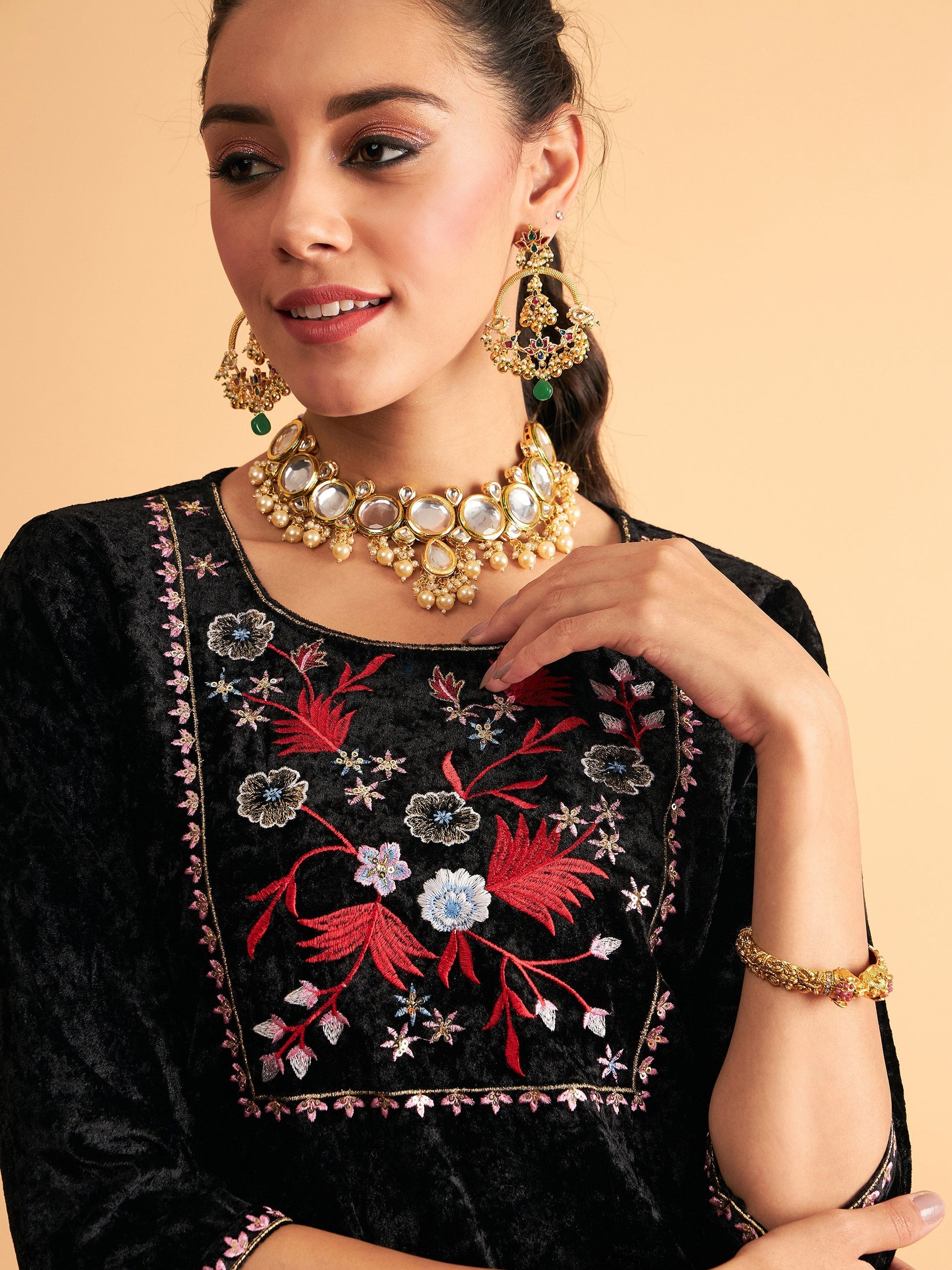 Black Velvet Embroidered Short Kurta With Dhoti Pants-Shae by SASSAFRAS