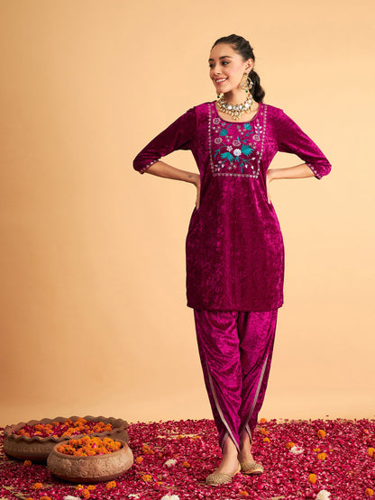 Fuchsia Velvet Embroidered Short Kurta With Dhoti Pants