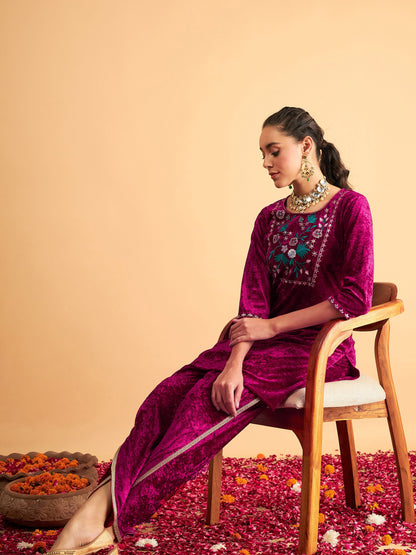 Fuchsia Velvet Embroidered Short Kurta With Dhoti Pants