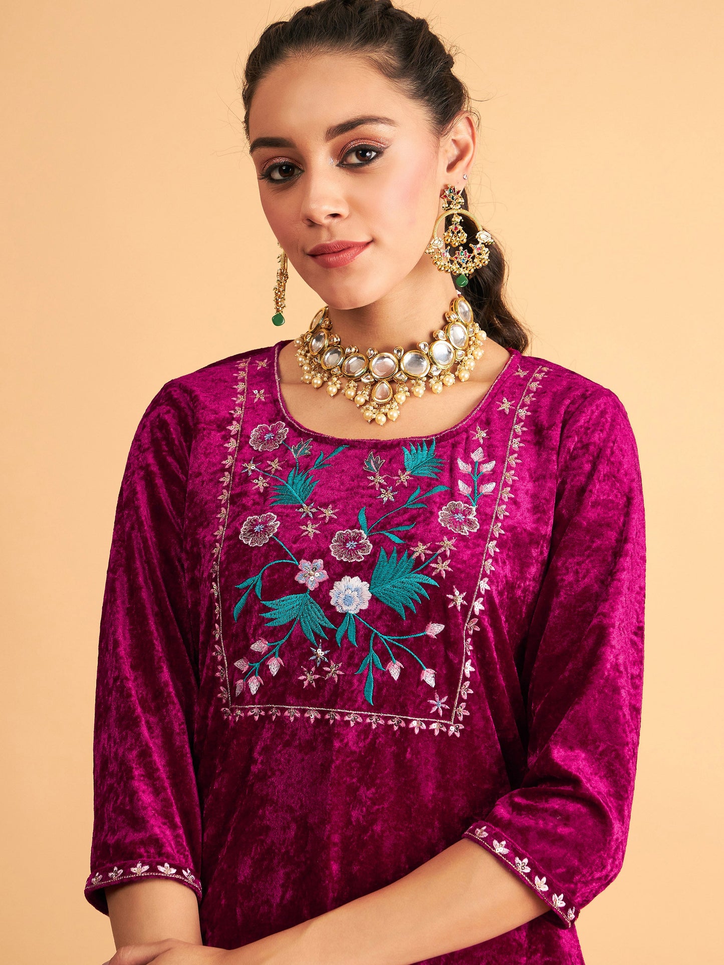 Fuchsia Velvet Embroidered Short Kurta With Dhoti Pants