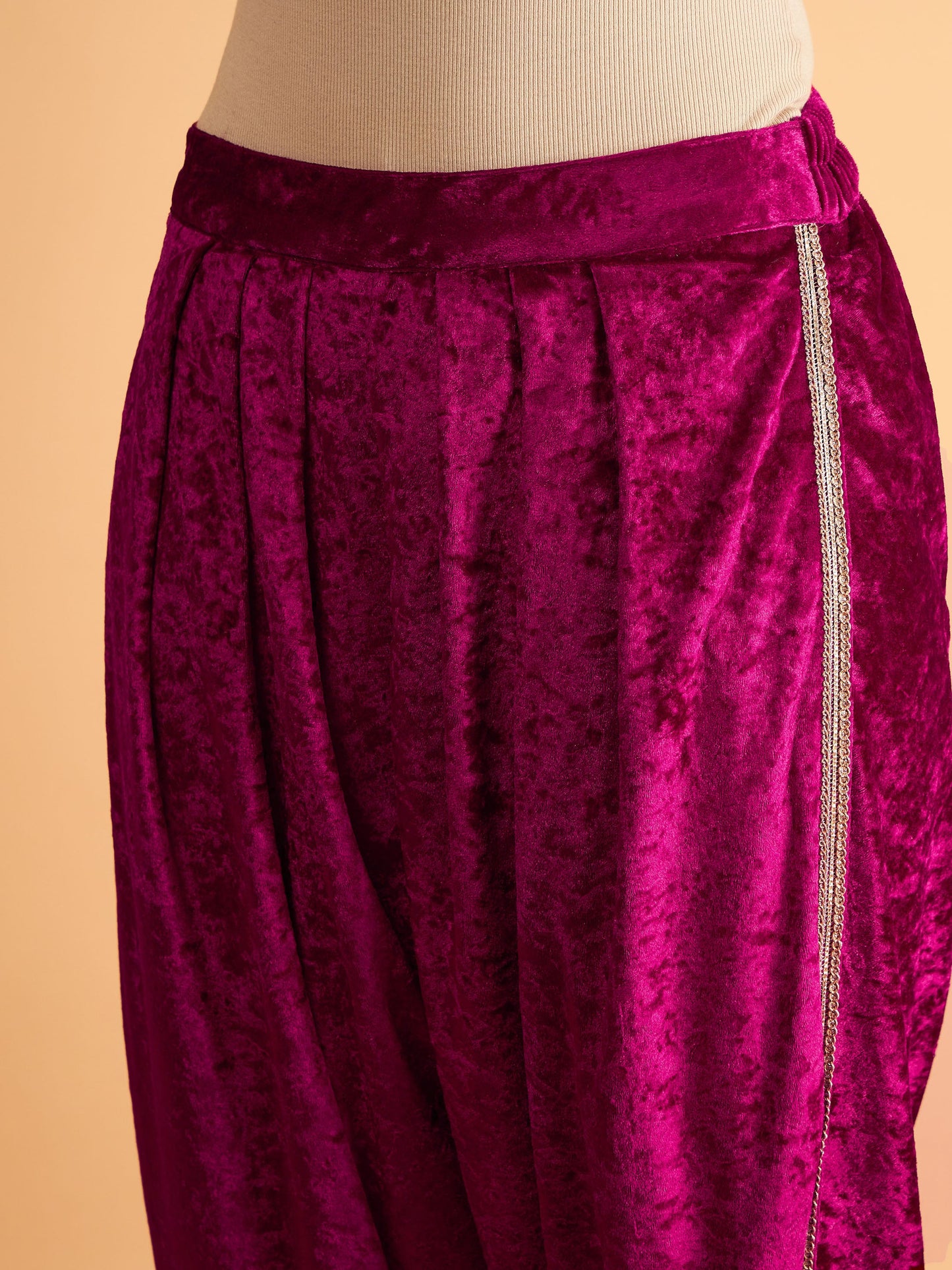 Fuchsia Velvet Embroidered Short Kurta With Dhoti Pants