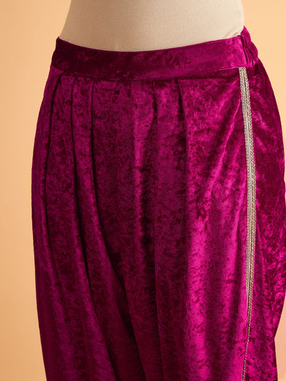 Fuchsia Velvet Embroidered Short Kurta With Dhoti Pants