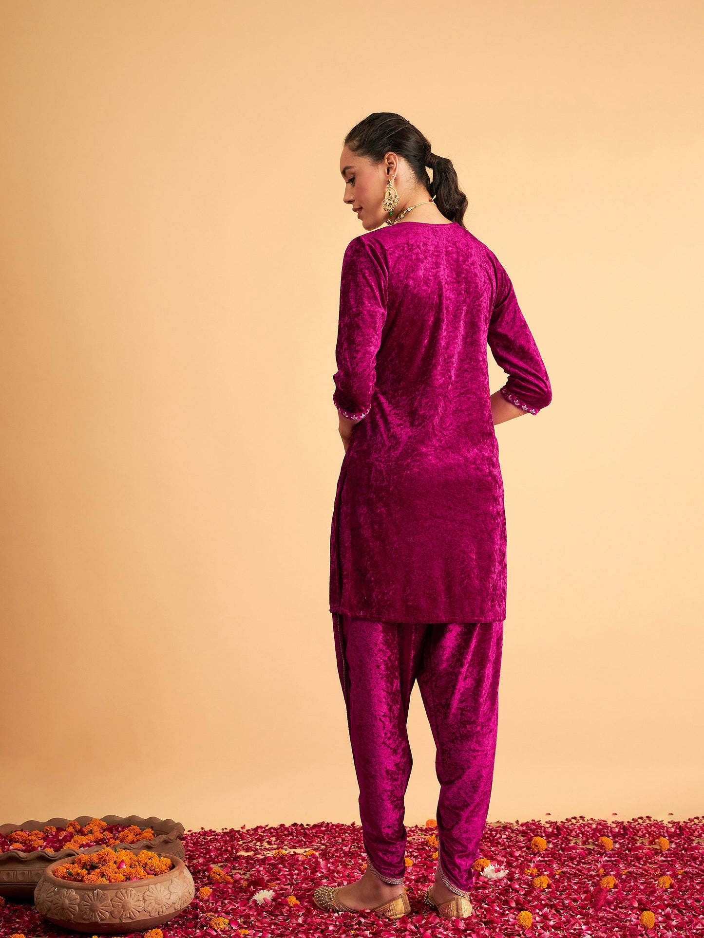 Fuchsia Velvet Embroidered Short Kurta With Dhoti Pants