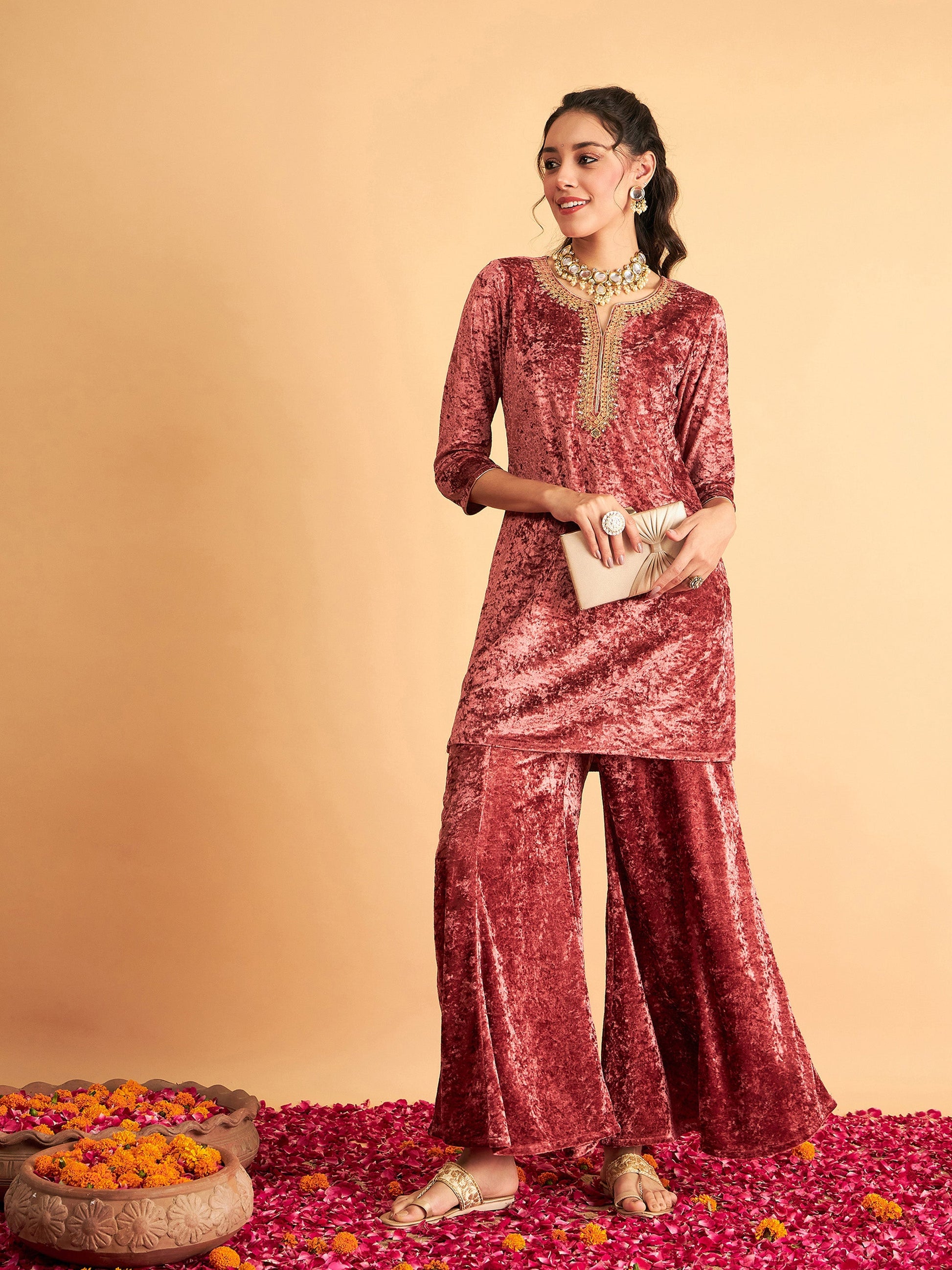 Pink Velvet Embroidered Short Kurta With Palazzos-Shae by SASSAFRAS