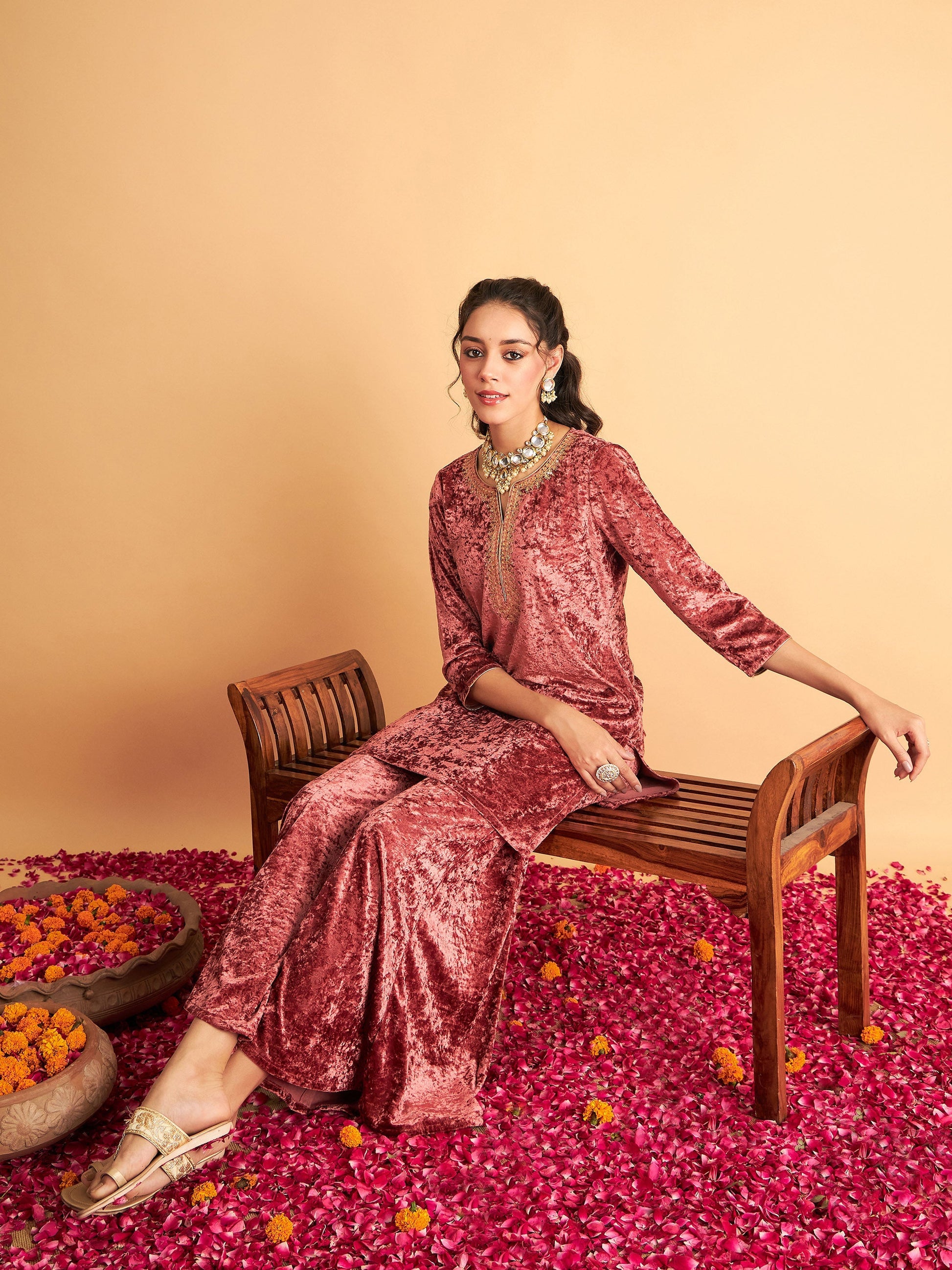 Pink Velvet Embroidered Short Kurta With Palazzos-Shae by SASSAFRAS