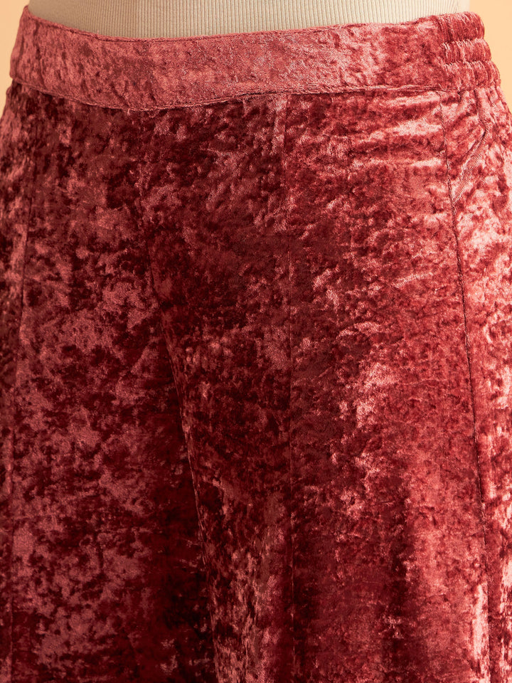 Pink Velvet Embroidered Short Kurta With Palazzos-Shae by SASSAFRAS