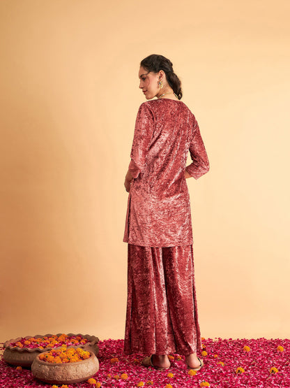 Pink Velvet Embroidered Short Kurta With Palazzos-Shae by SASSAFRAS