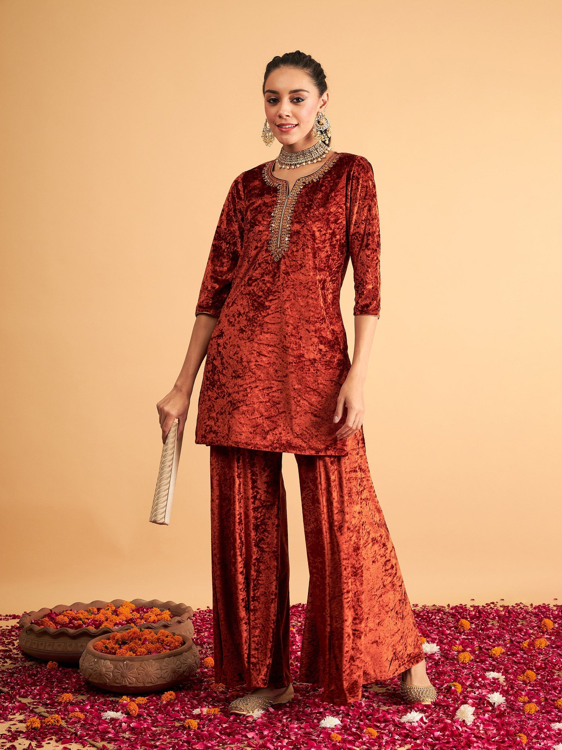 Rust Velvet Embroidered Short Kurta With Palazzos-Shae by SASSAFRAS