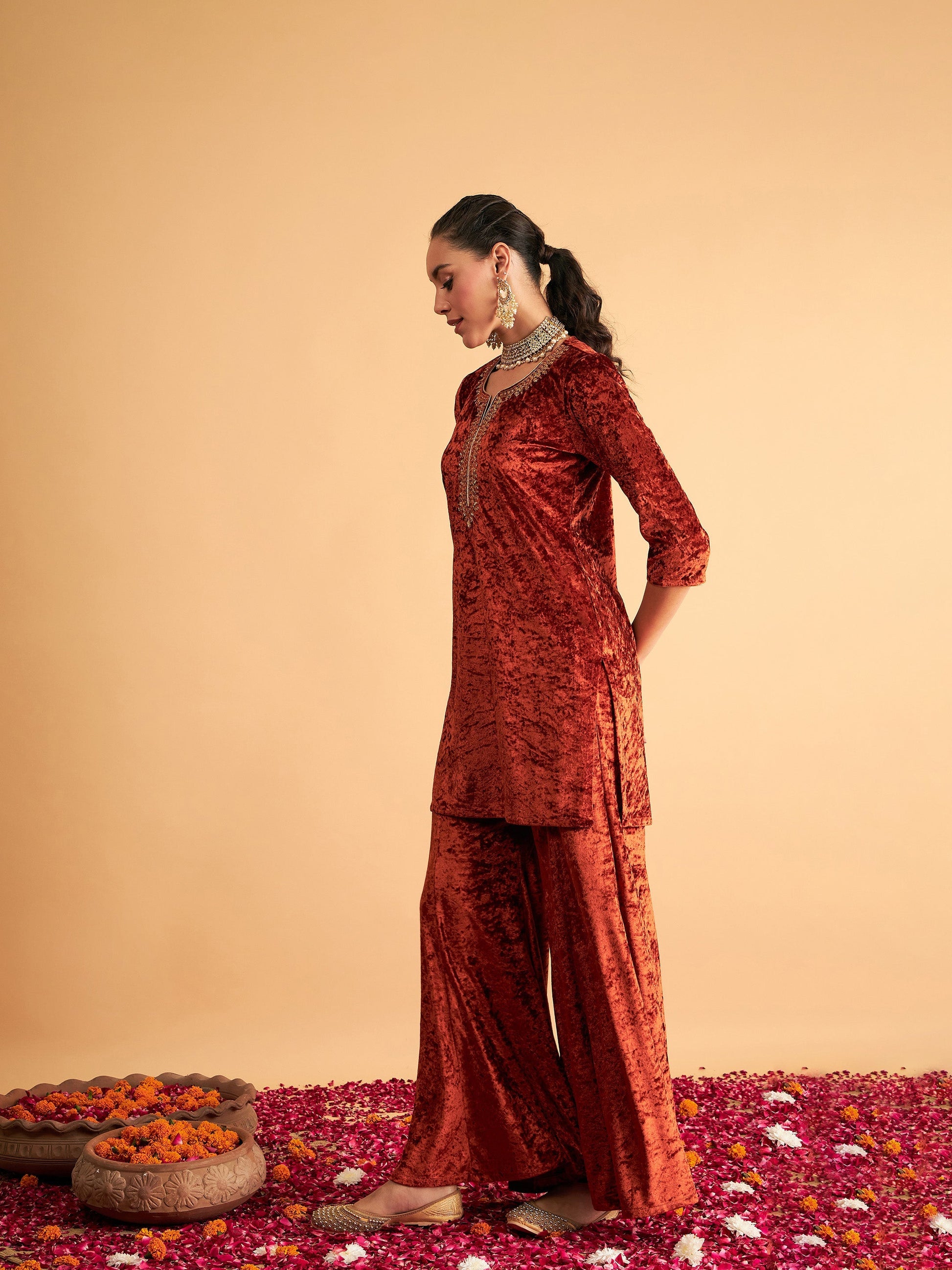 Rust Velvet Embroidered Short Kurta With Palazzos-Shae by SASSAFRAS