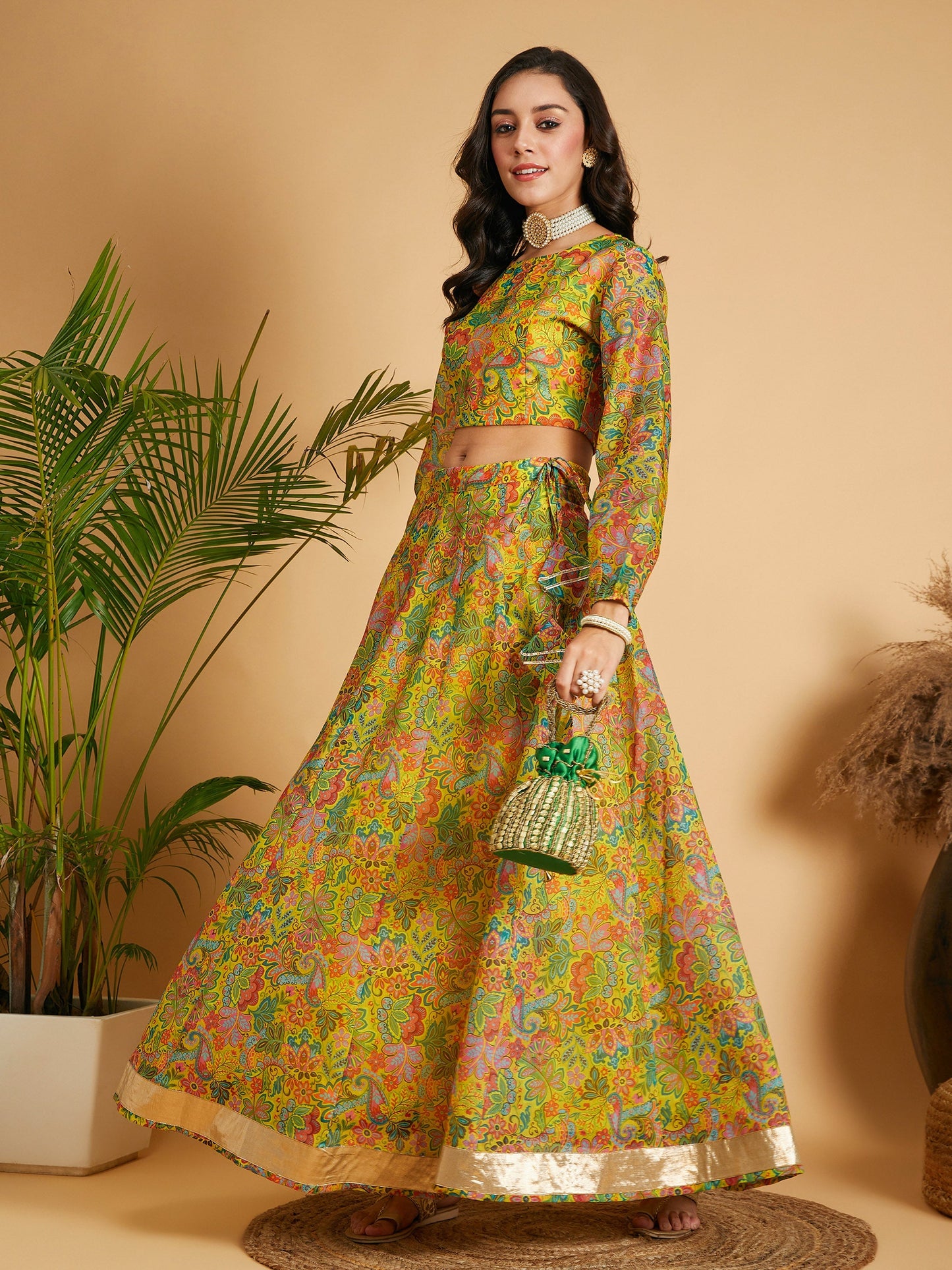 Lemon Yellow Floral Anarkali Skirt With Crop Top
