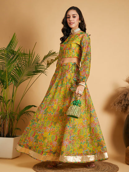 Lemon Yellow Floral Anarkali Skirt With Crop Top