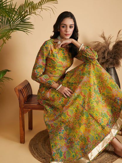 Lemon Yellow Floral Anarkali Skirt With Crop Top