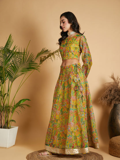 Lemon Yellow Floral Anarkali Skirt With Crop Top