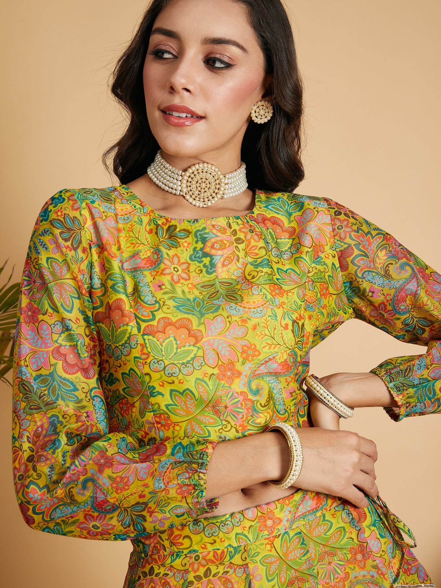 Lemon Yellow Floral Anarkali Skirt With Crop Top