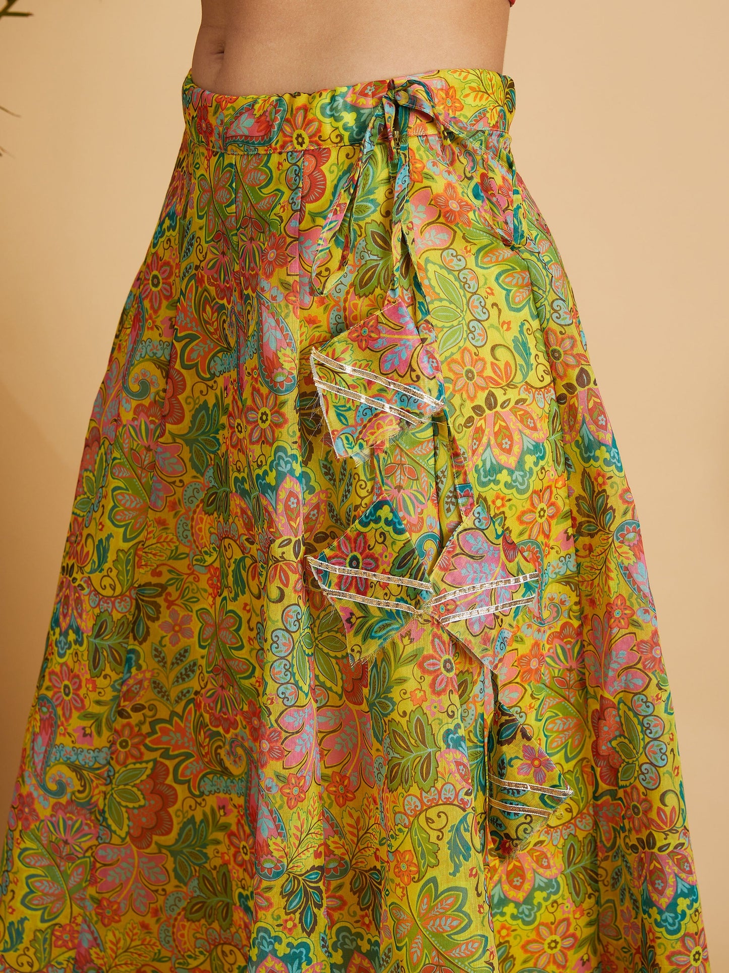 Lemon Yellow Floral Anarkali Skirt With Crop Top