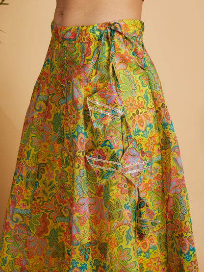 Lemon Yellow Floral Anarkali Skirt With Crop Top
