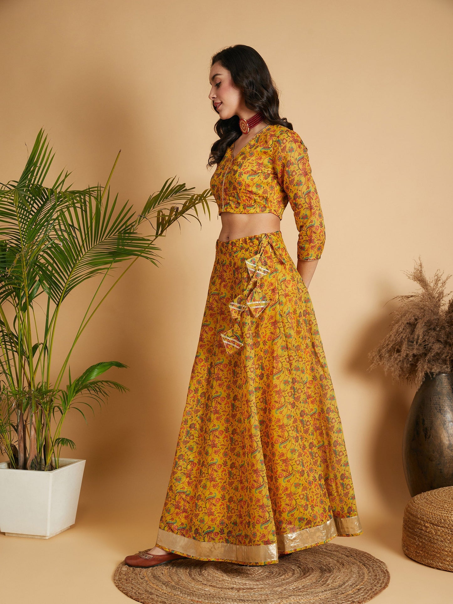 Mustard Floral Anarkali Skirt With Crop Top-Shae by SASSAFRAS