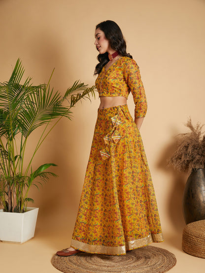 Mustard Floral Anarkali Skirt With Crop Top-Shae by SASSAFRAS
