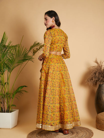 Mustard Floral Anarkali Skirt With Crop Top-Shae by SASSAFRAS