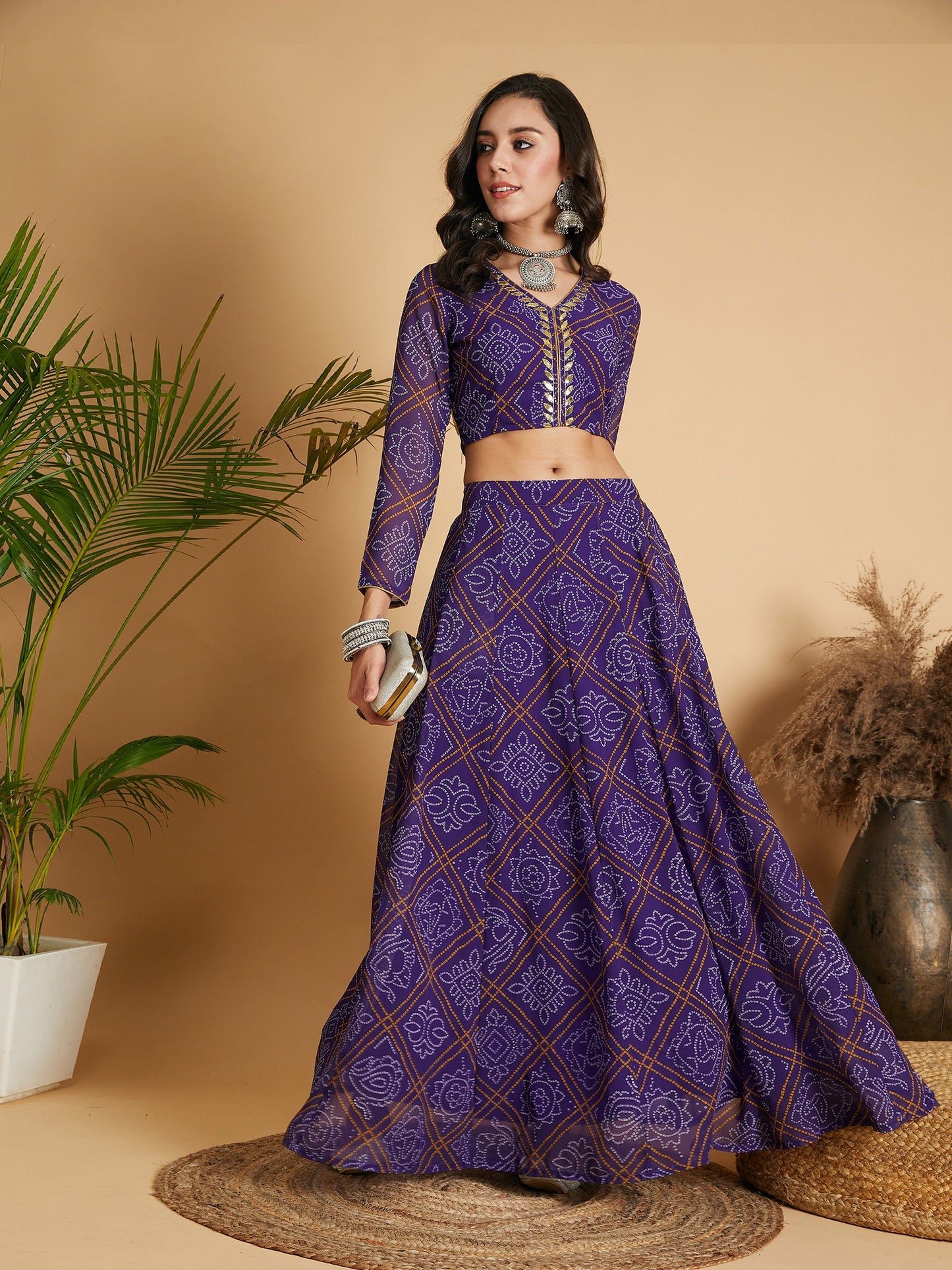 Purple & White Bandhej Anarkali Skirt With Crop Top