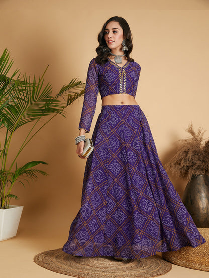 Purple & White Bandhej Anarkali Skirt With Crop Top