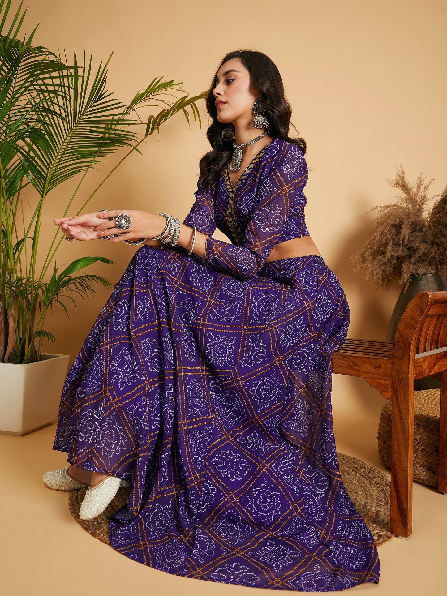 Purple & White Bandhej Anarkali Skirt With Crop Top