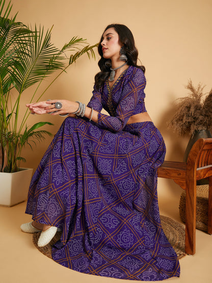 Purple & White Bandhej Anarkali Skirt With Crop Top
