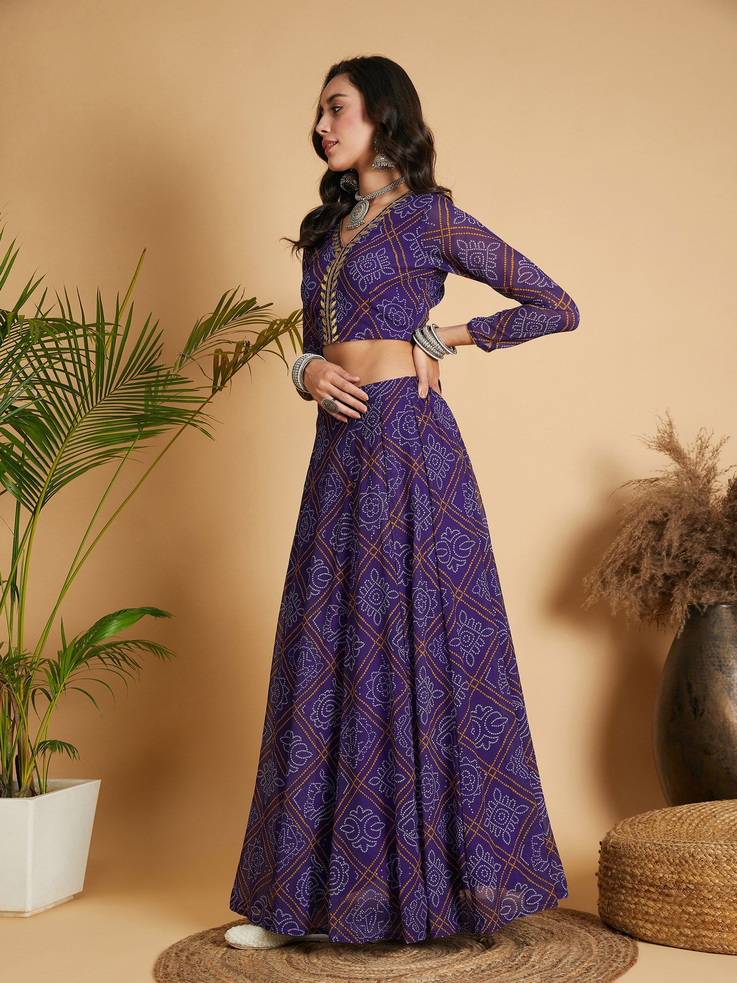 Purple & White Bandhej Anarkali Skirt With Crop Top