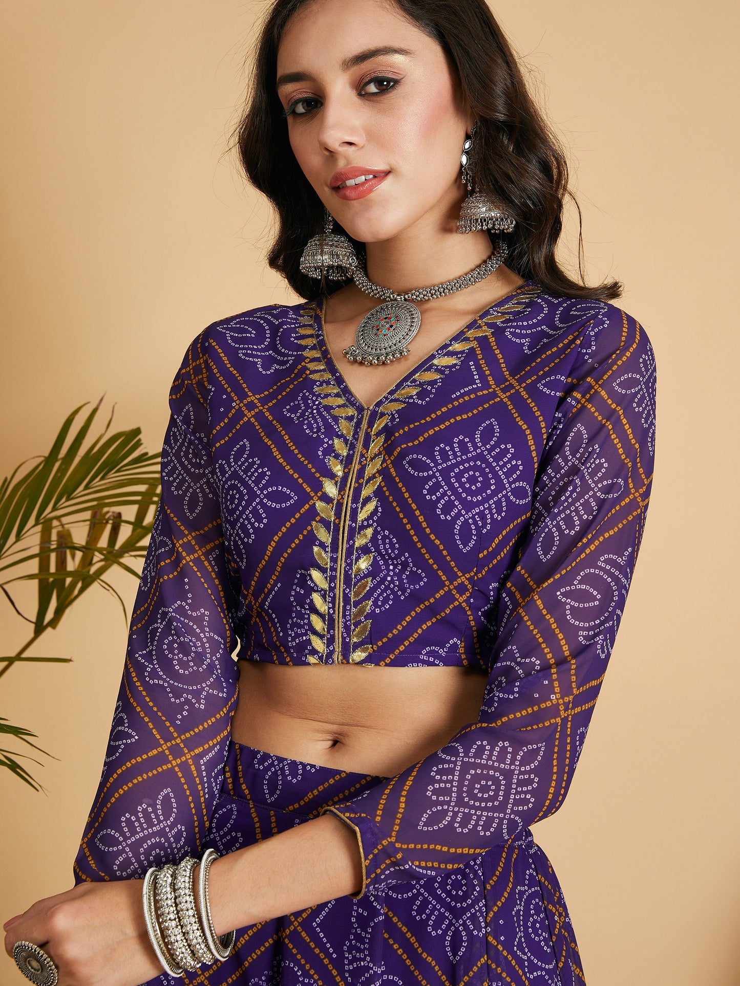Purple & White Bandhej Anarkali Skirt With Crop Top