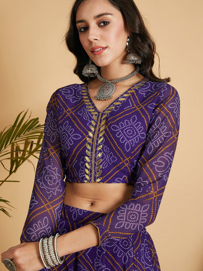Purple & White Bandhej Anarkali Skirt With Crop Top