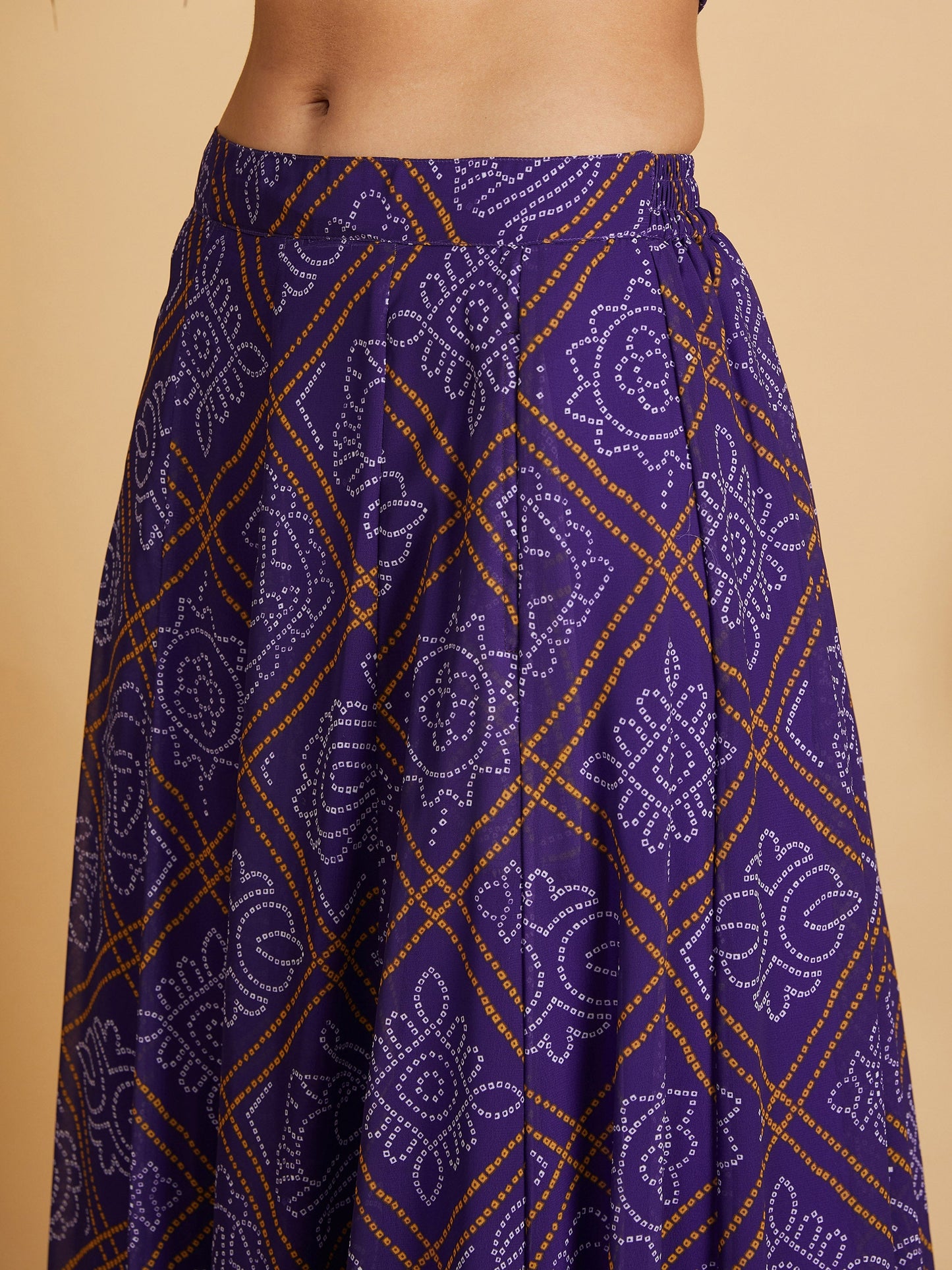 Purple & White Bandhej Anarkali Skirt With Crop Top
