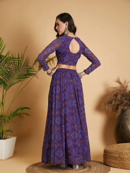 Purple & White Bandhej Anarkali Skirt With Crop Top