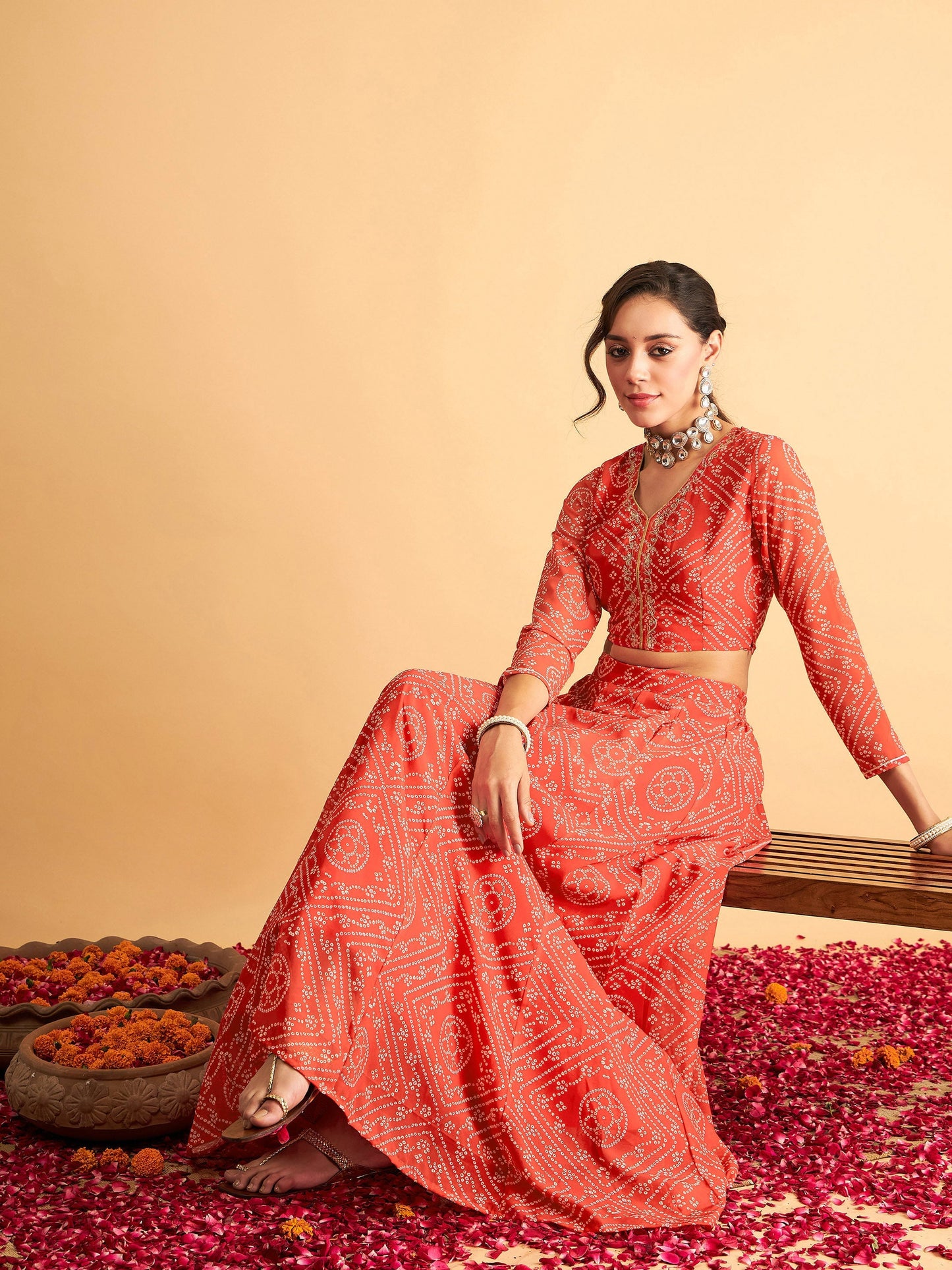 Red & White Bandhej Anarkali Skirt With Crop Top