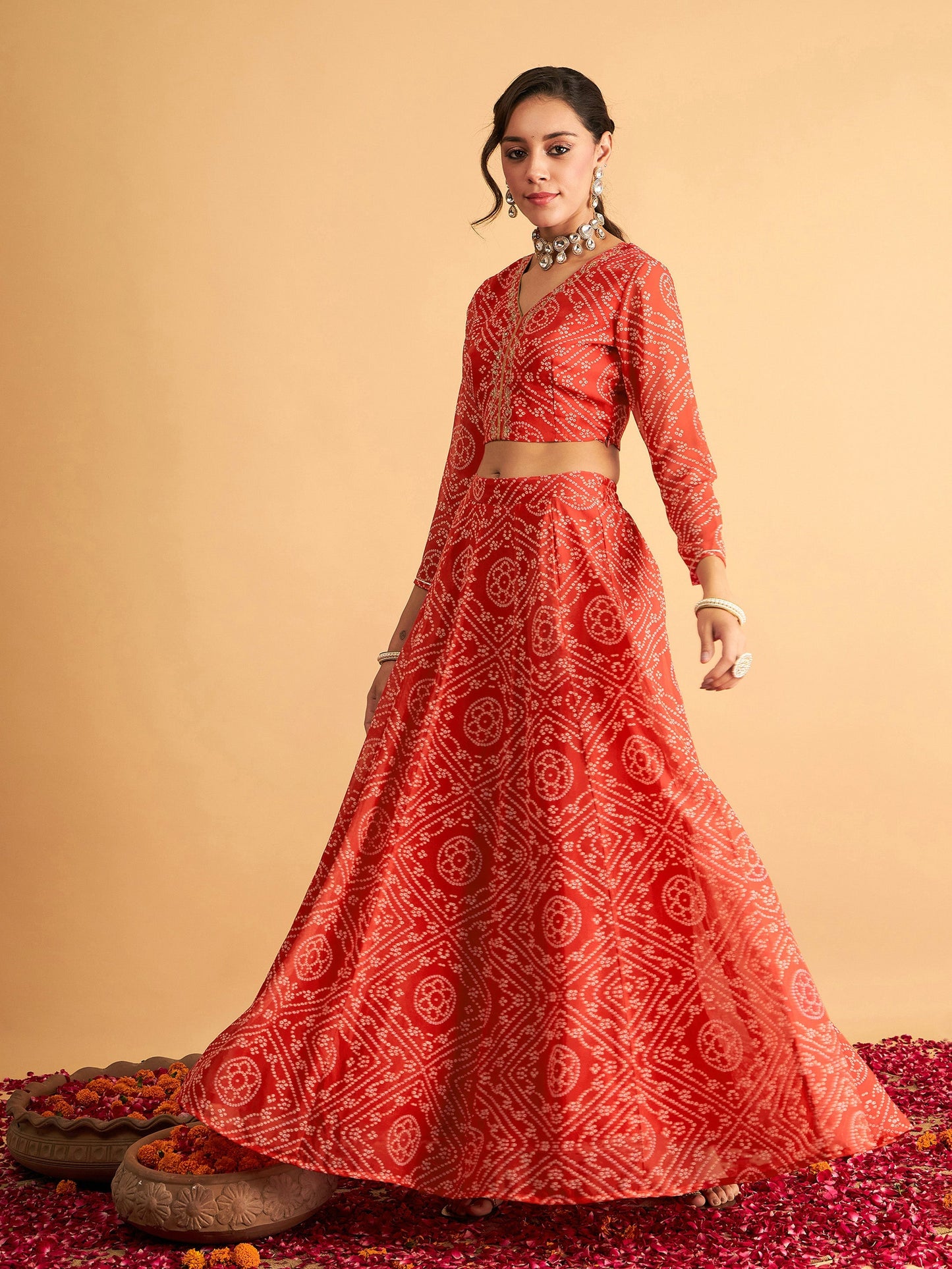 Red & White Bandhej Anarkali Skirt With Crop Top