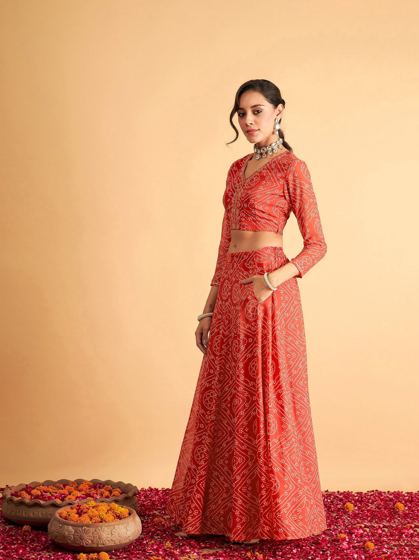 Red & White Bandhej Anarkali Skirt With Crop Top